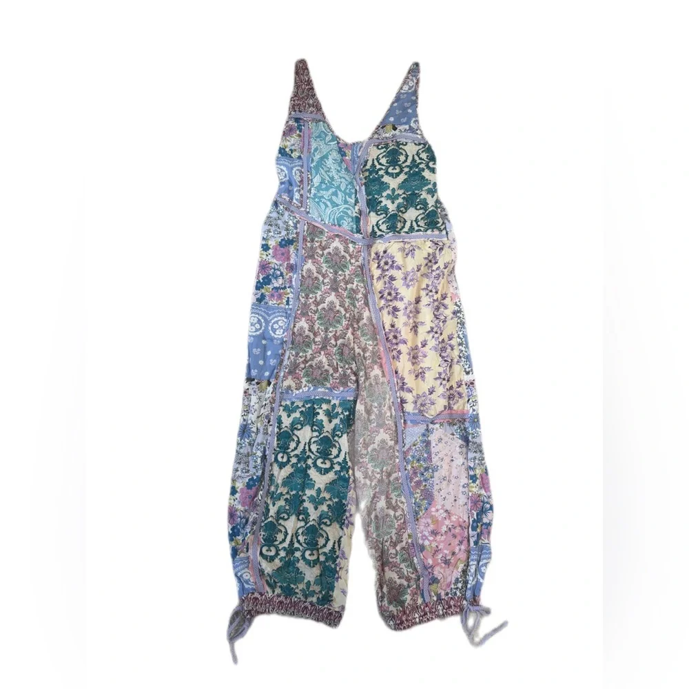 Blue Velvet Patchwork Boho Jumpsuit NWT Size Medium Wide Leg Floral - Picture 3 of 11